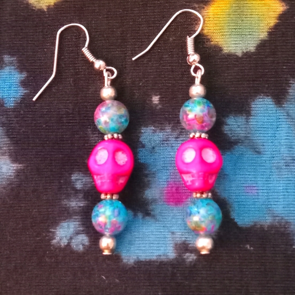 Handmade Pink Skull Dangle Earrings
